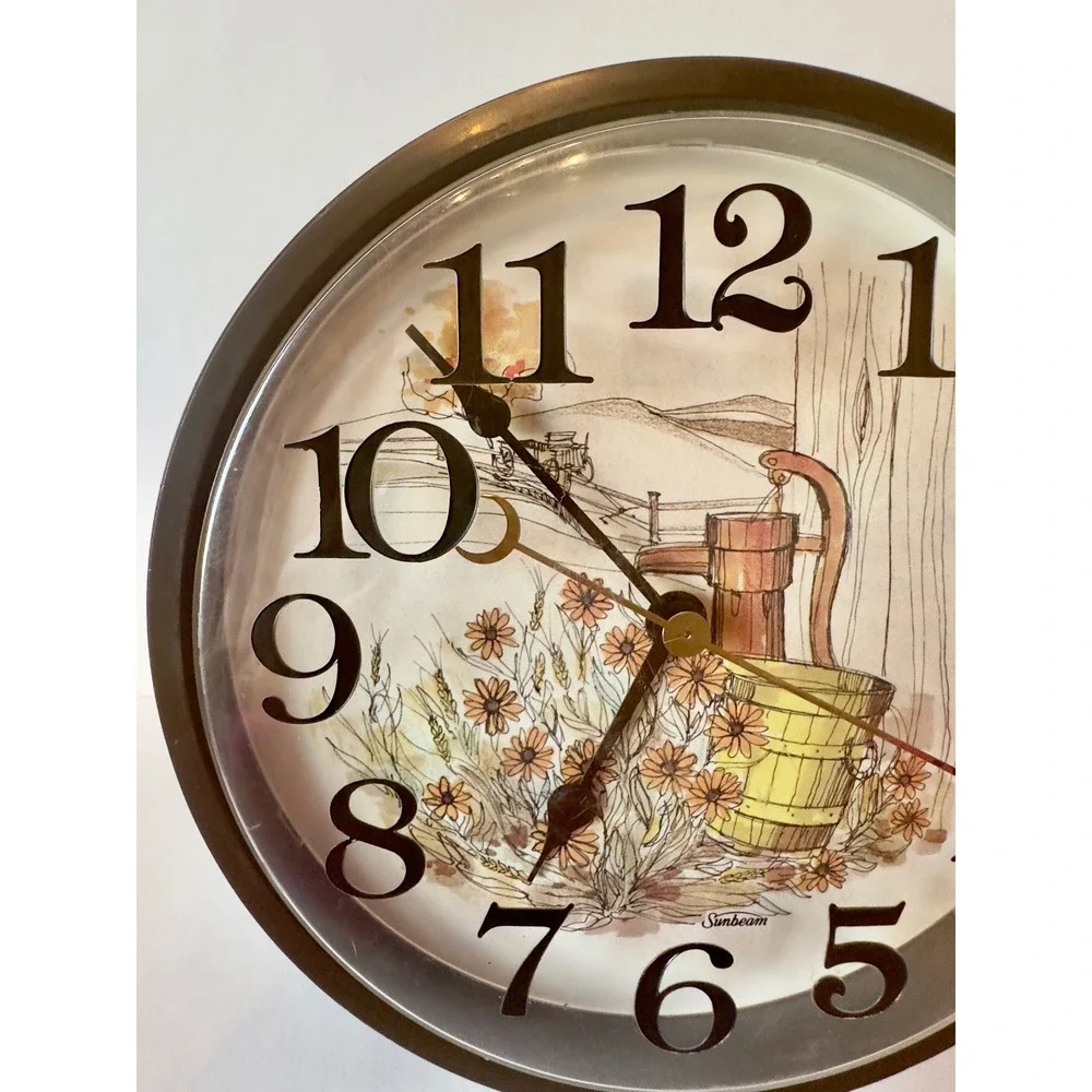 Vintage Sunbeam Wall Clock Country Water Pump Scene Brown Farmhouse Decor WORKS